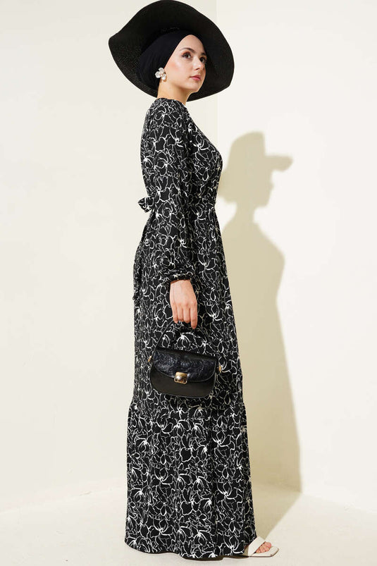 Floral Elastic Waist Crepe Dress Black