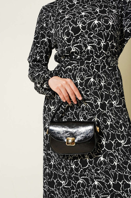 Floral Elastic Waist Crepe Dress Black