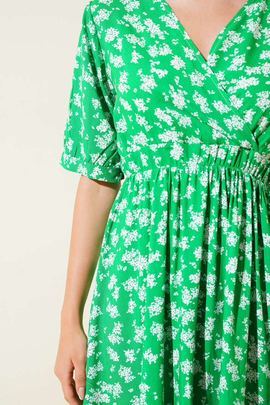 Robe verte à fleurs, taille élastique et manches courtes