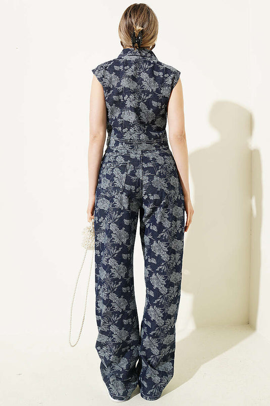 Ensemble deux pièces en jean avec gilet crop fleuri bleu marine