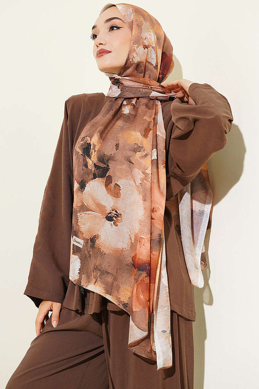 Çiçekli Dijital Desen Şal Camel