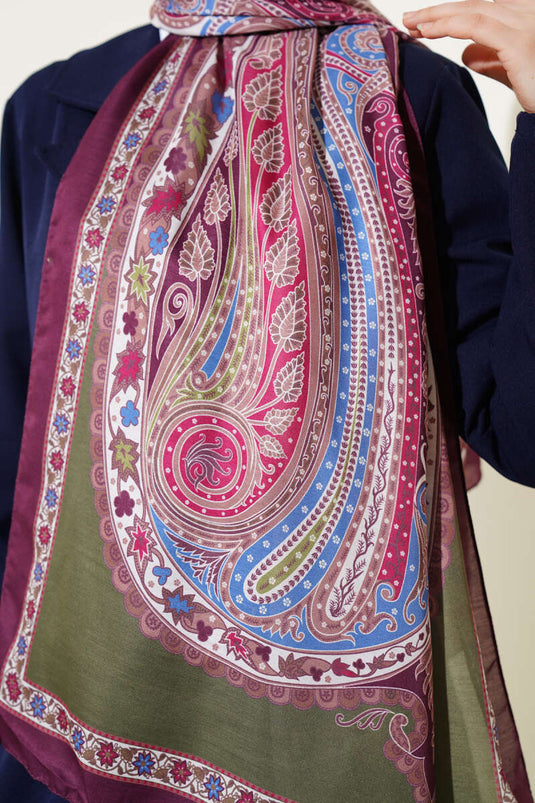 Çiçekli Etnik Desen Şal Mürdüm