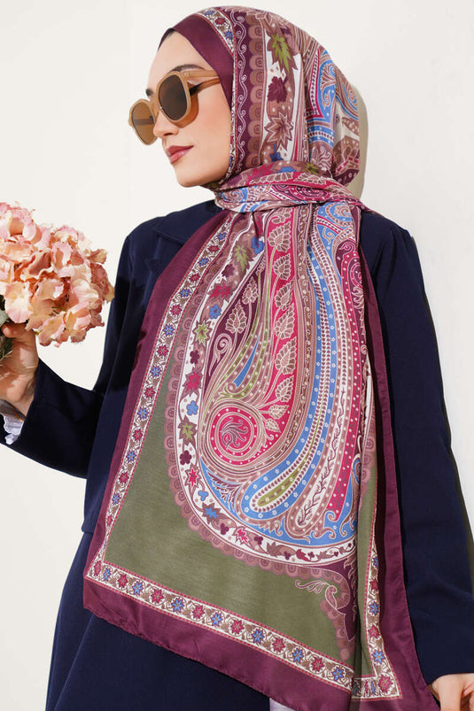 Çiçekli Etnik Desen Şal Mürdüm