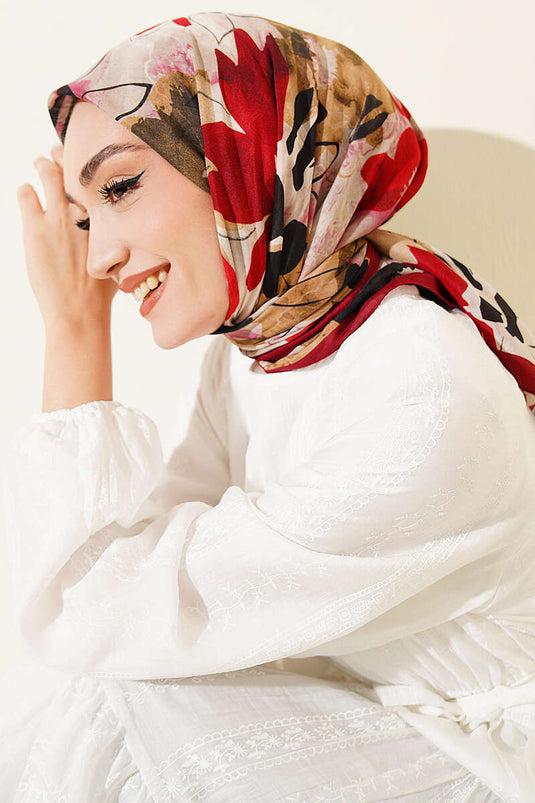 Çiçekli Fırça Desen Elegance Eşarp Bordo