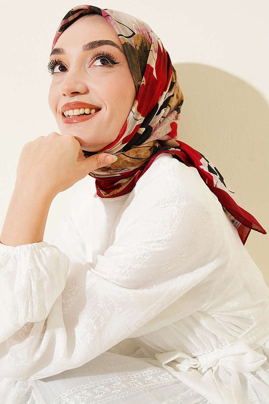 Çiçekli Fırça Desen Elegance Eşarp Bordo