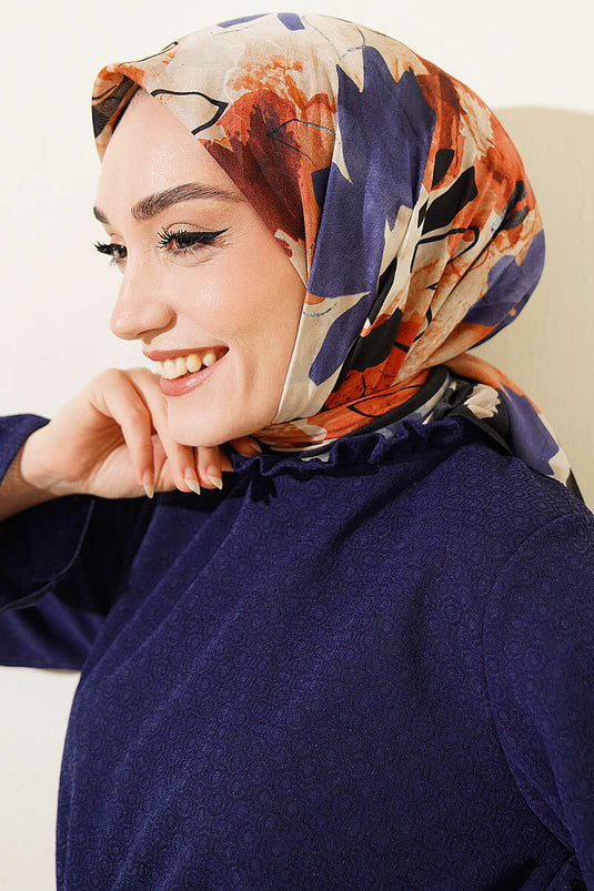 Çiçekli Fırça Desen Elegance Eşarp Siyah Bej