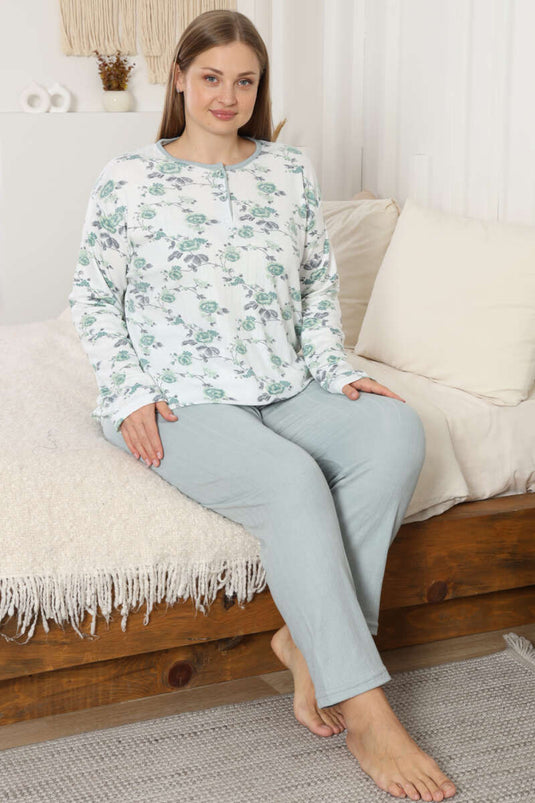 Ensemble de pyjama grande taille à côtes avec fleurs, vert pistache