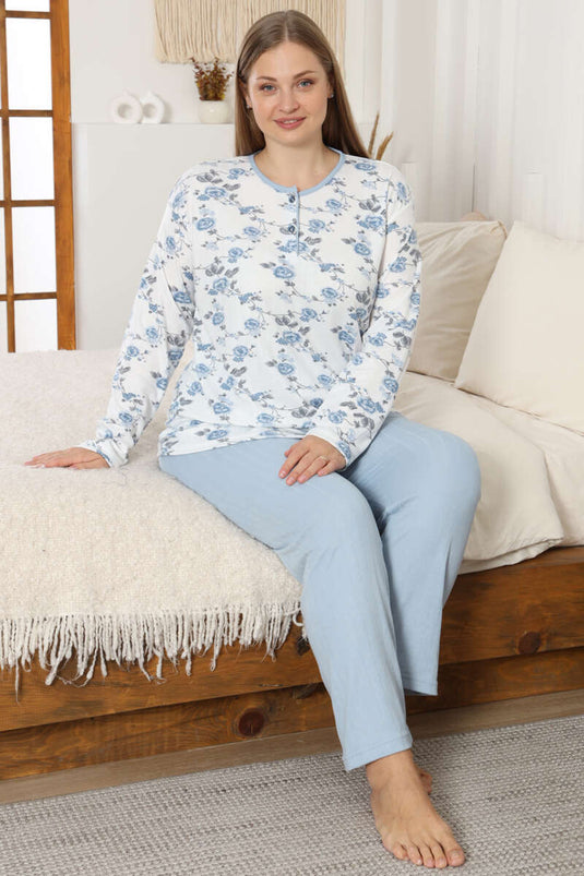 Ensemble de pyjama grande taille à côtes avec fleurs bleu