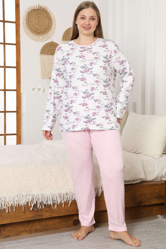 Ensemble de pyjama grande taille à côtes avec fleurs, rose