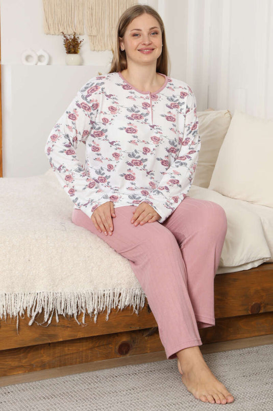 Ensemble de pyjama grande taille à côtes avec fleurs couleur poudre