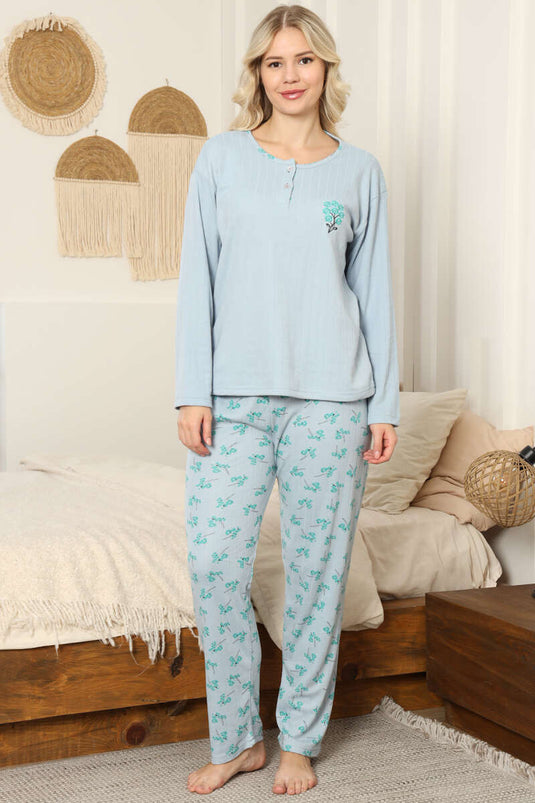 Floral Ribbed Pajama Set Baby Blue