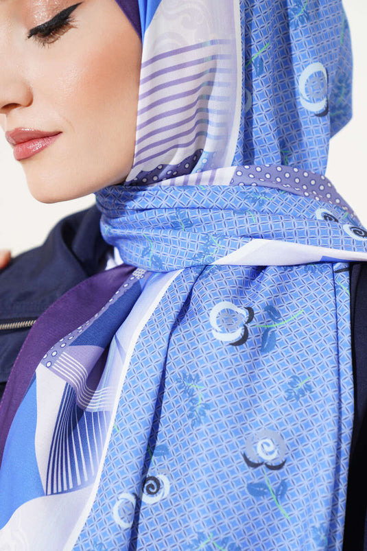 Flowered Geometry Pattern Medina Silk Scarf Blue Purple