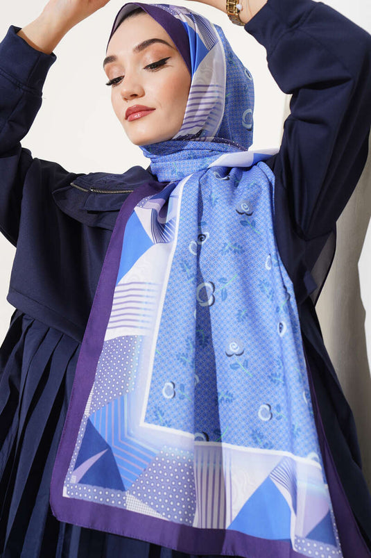Flowered Geometry Pattern Medina Silk Scarf Blue Purple