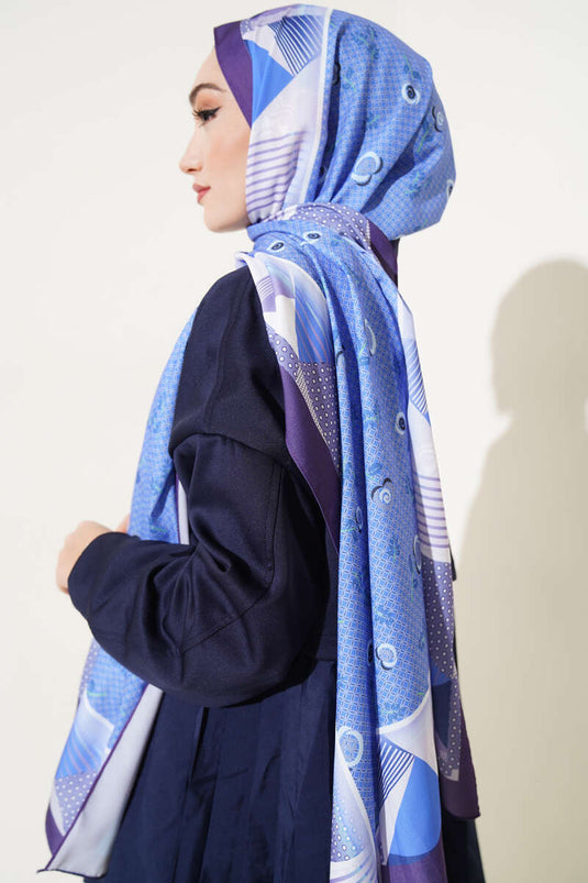 Flowered Geometry Pattern Medina Silk Scarf Blue Purple