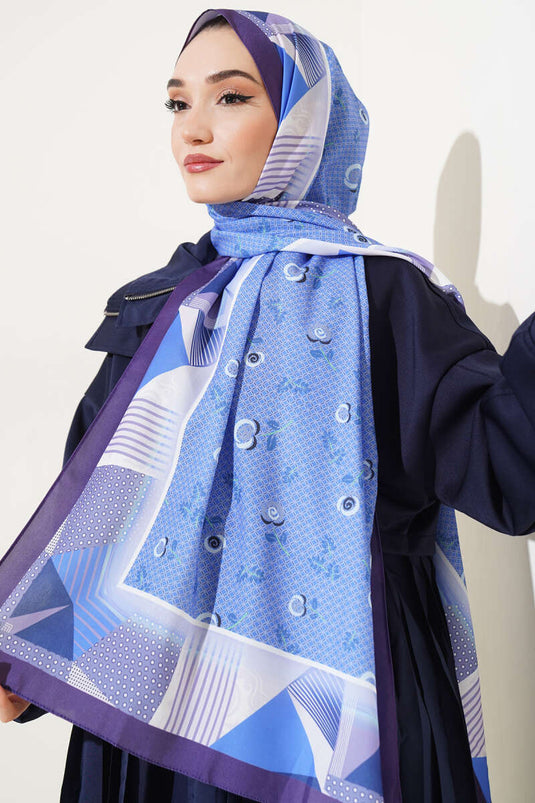 Flowered Geometry Pattern Medina Silk Scarf Blue Purple
