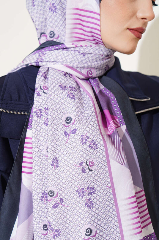 Châle en Soie Medina à Motif Géométrique Floral Violet