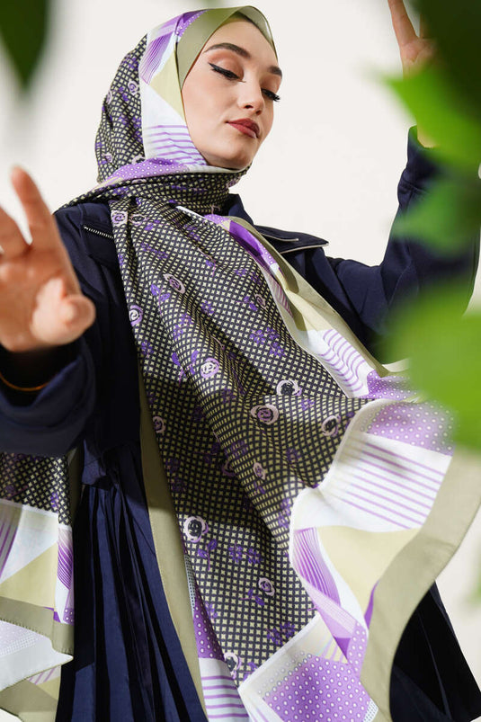 Floral Geometry Pattern Medina Silk Scarf Olive