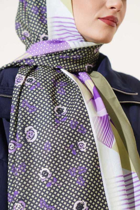 Floral Geometry Pattern Medina Silk Scarf Olive