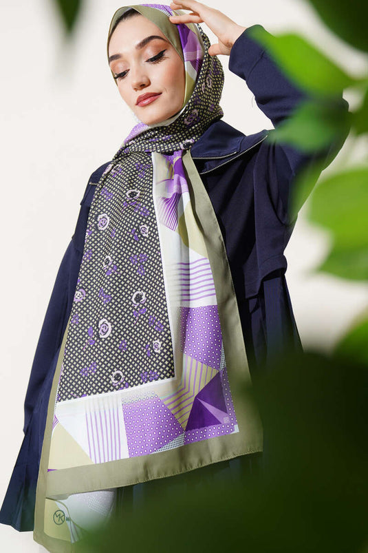 Floral Geometry Pattern Medina Silk Scarf Olive