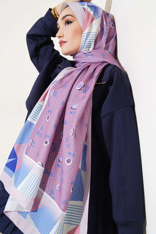 Çiçekli Geometri Desen Medine İpeği Şal Pudra