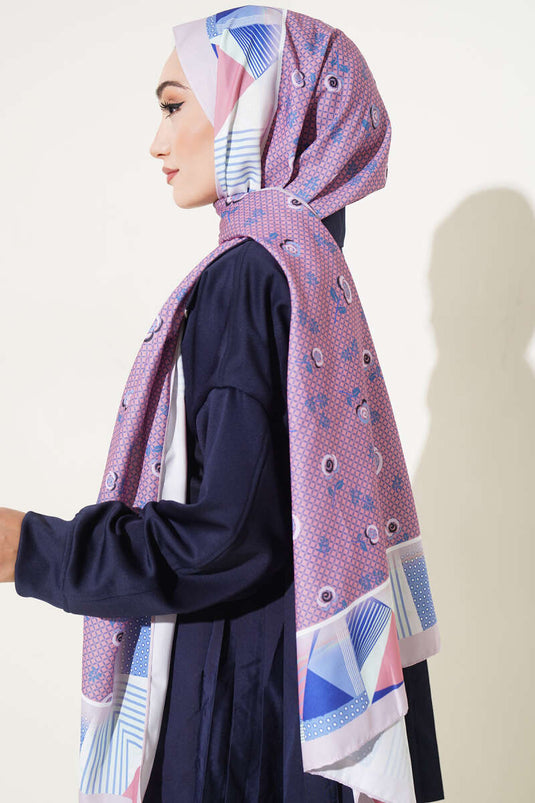 Çiçekli Geometri Desen Medine İpeği Şal Pudra