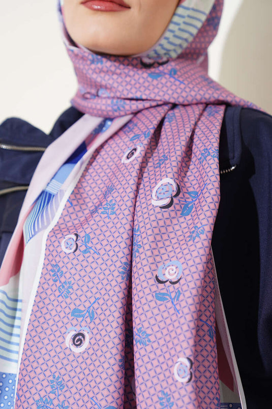 Çiçekli Geometri Desen Medine İpeği Şal Pudra