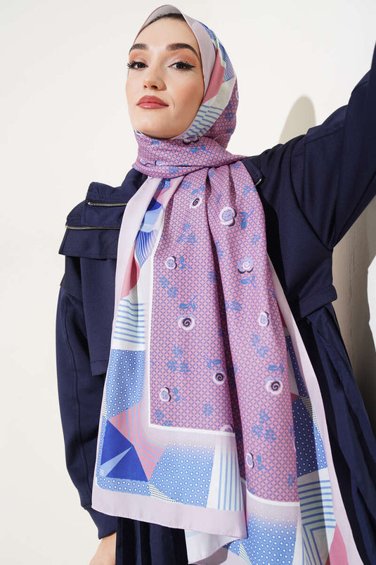 Çiçekli Geometri Desen Medine İpeği Şal Pudra