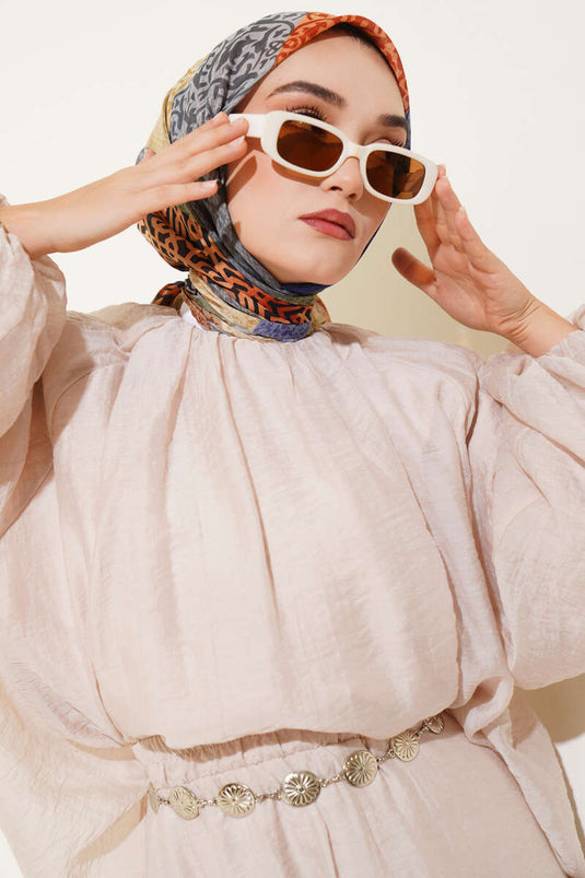 Çiçekli Karışık Desenli Eşarp Saks