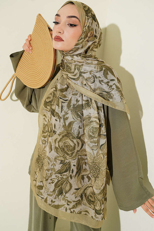 Sciarpa In Lino Con Fiori Verde Menta