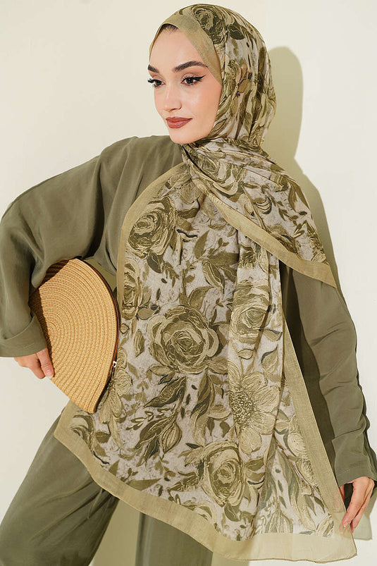 Sciarpa In Lino Con Fiori Verde Menta