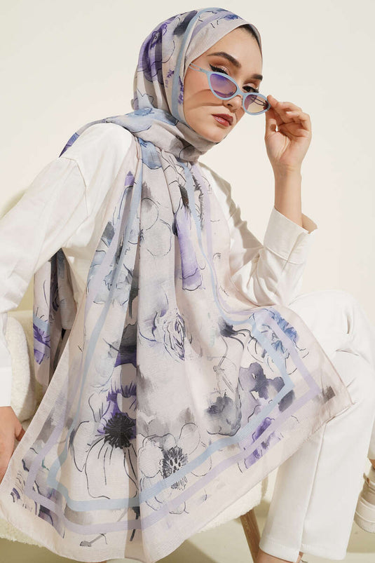 Çiçekli Şerit Geçiş Detaylı Şal Bej