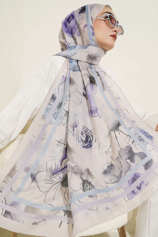 Çiçekli Şerit Geçiş Detaylı Şal Bej