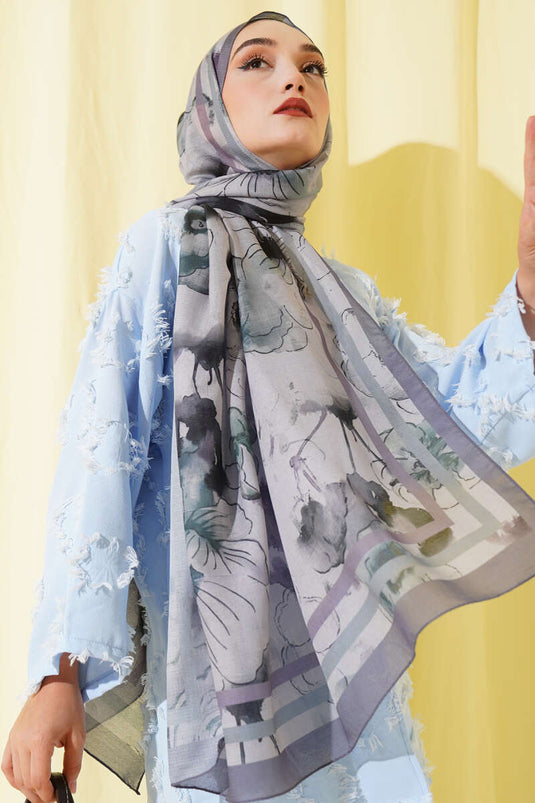 Çiçekli Şerit Geçiş Detaylı Şal Kayrak Grisi