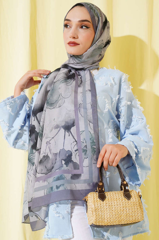 Çiçekli Şerit Geçiş Detaylı Şal Kayrak Grisi