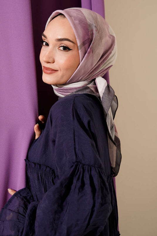 Çiçekli Şeritli Bambu Kraş Eşarp Füme