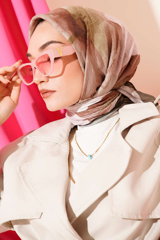 Çiçekli Şeritli Bambu Kraş Eşarp Haki