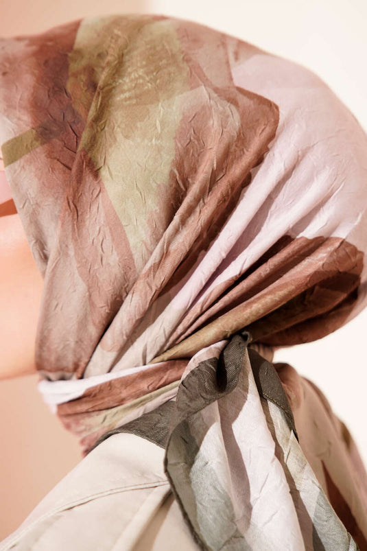 Çiçekli Şeritli Bambu Kraş Eşarp Haki