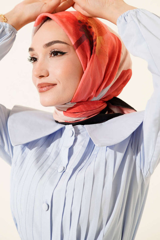 Çiçekli Şeritli Bambu Kraş Eşarp Kırmızı