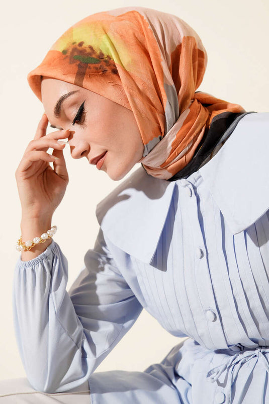 وشاح بامبو مخطط مزين بالزهور، لون برتقالي