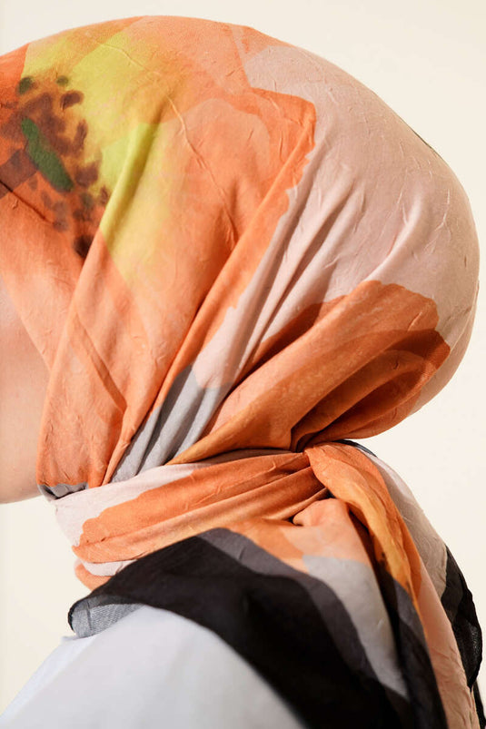 وشاح بامبو مخطط مزين بالزهور، لون برتقالي