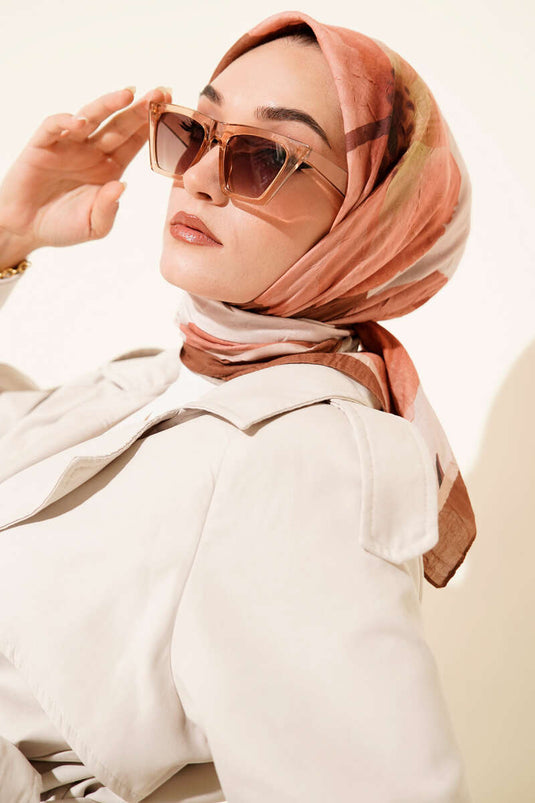 Çiçekli Şeritli Bambu Kraş Eşarp Taba