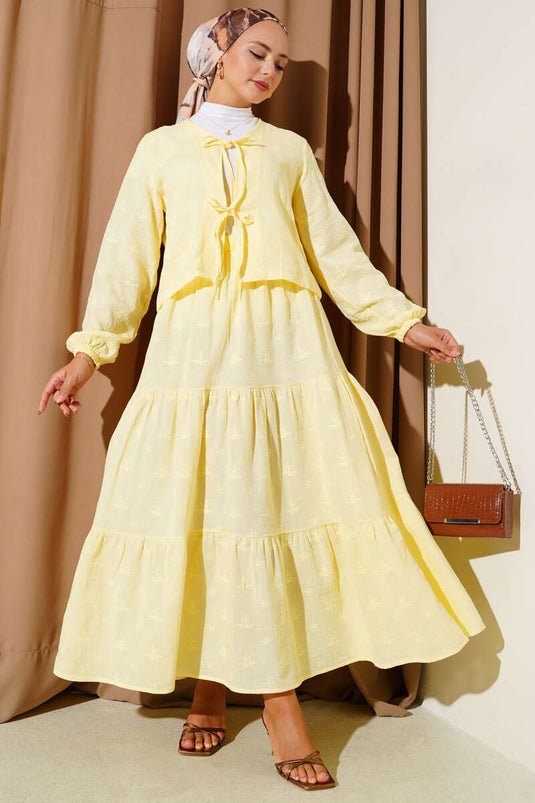 Çiçekli Yaprak Nakışlı Etekli İkili Takım Sarı