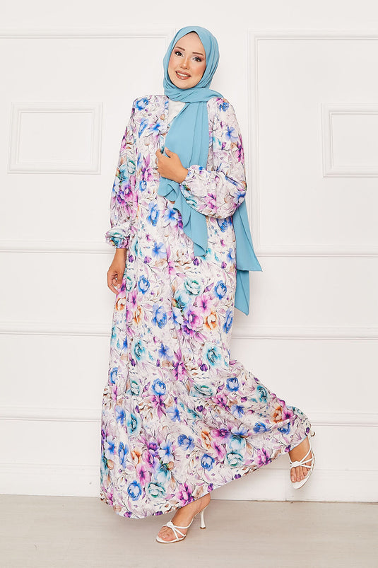 Çiçekli Yarım Düğmeli Tesettür Elbise Mor