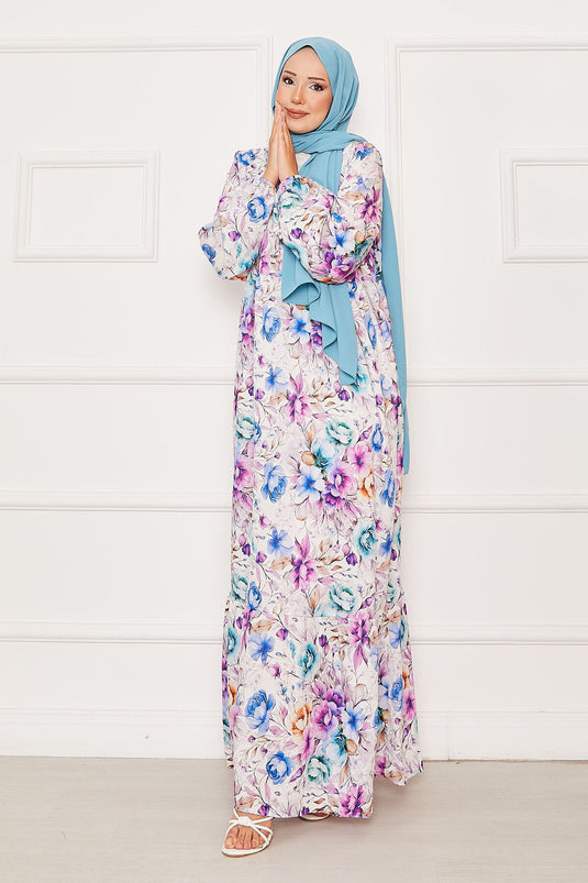 Çiçekli Yarım Düğmeli Tesettür Elbise Mor