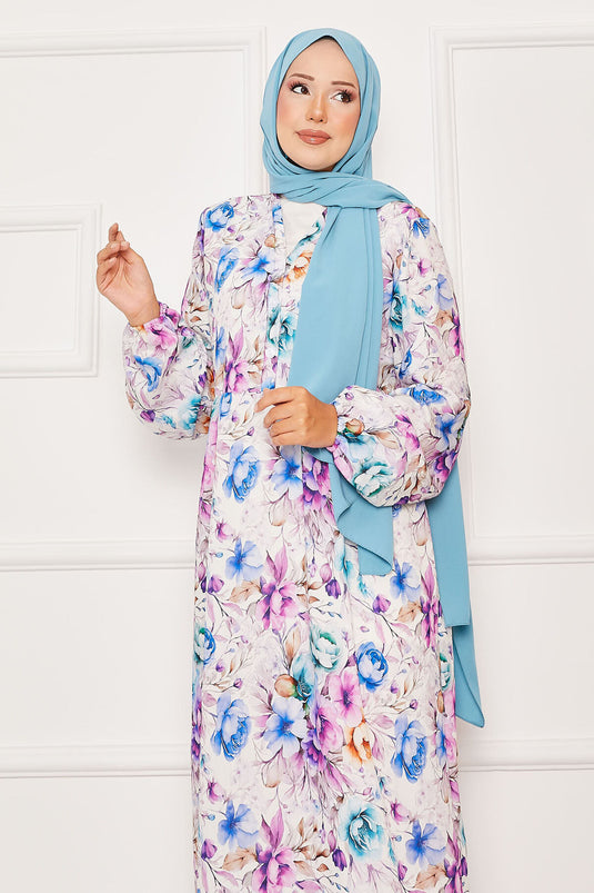 Çiçekli Yarım Düğmeli Tesettür Elbise Mor