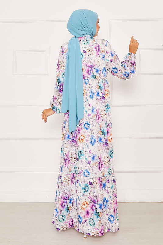 Çiçekli Yarım Düğmeli Tesettür Elbise Mor