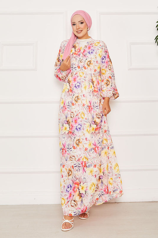 Çiçekli Yarım Düğmeli Tesettür Elbise Pembe