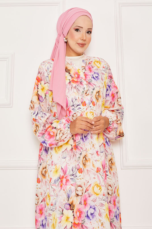Çiçekli Yarım Düğmeli Tesettür Elbise Pembe