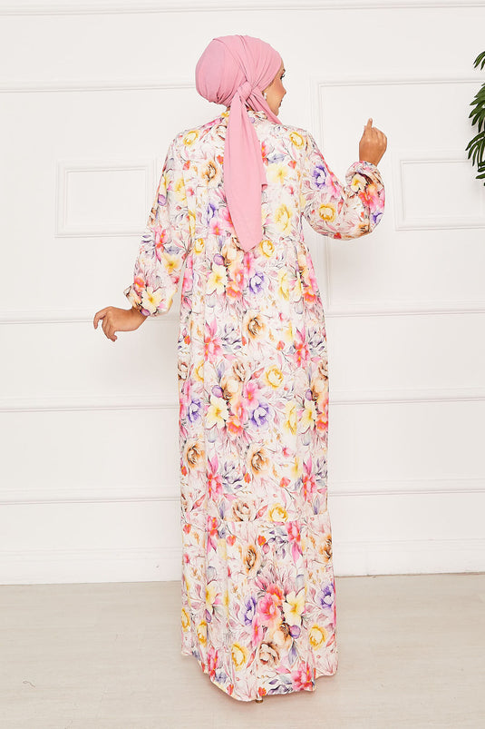 Çiçekli Yarım Düğmeli Tesettür Elbise Pembe