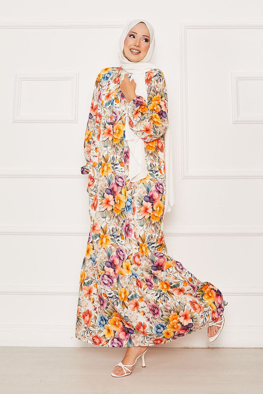 Çiçekli Yarım Düğmeli Tesettür Elbise Turuncu